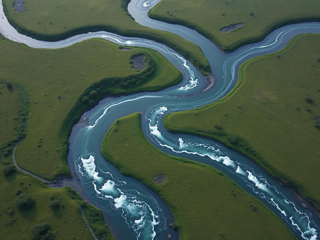 Aerial view of a river branching into multiple flowing streams